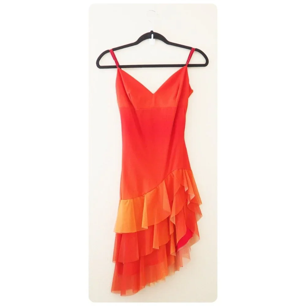 NWT Vintage Ema Savahl Orange Spaghetti Strap Mesh Tiered Ruffle Asymmetrical - Picture 1 of 7